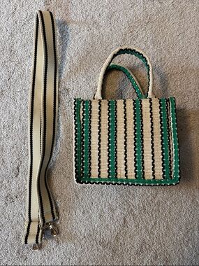 H&M Striped Woven Crossbody Bag in Green and Cream